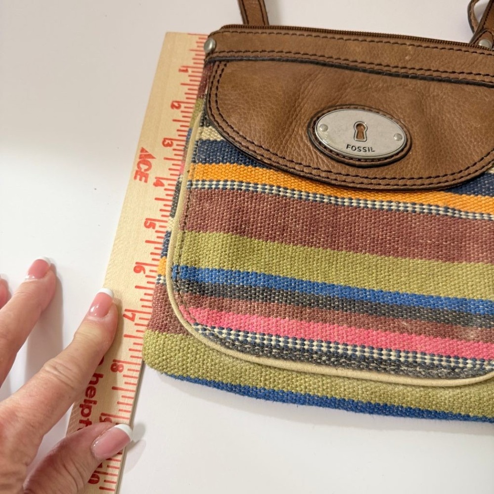 VTG Fossil Crossbody Bag Woven Striped Canvas Brown Leather Boho Key Small Purse - Picture 8 of 8